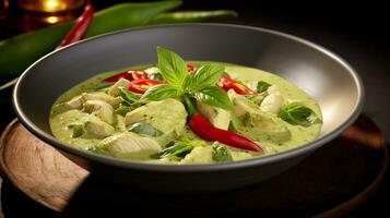 Photo of Thai Green Curry as a dish in a high-end restaurant. Generative AI