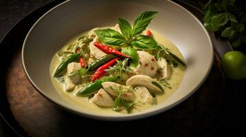 Photo of Thai Green Curry as a dish in a high-end restaurant. Generative AI