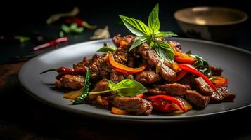Photo of Thai Basil Beef as a dish in a high-end restaurant. Generative AI