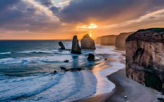 Capturing Coastal Majesty, A Breathtaking Sunset Over Rugged Cliffs capes. AI Generated photo