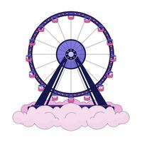 Ferris wheel above clouds 2D linear illustration concept. Park amusement cloudscape cartoon object isolated on white. Funfair ride on heaven sky metaphor abstract flat vector outline graphic