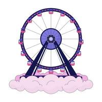 Ferris wheel above clouds 2D linear illustration concept. Park amusement cloudscape cartoon object isolated on white. Funfair ride on heaven sky metaphor abstract flat vector outline graphic