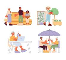 Senior lifestyle cartoon flat illustration set. Retiree adults 2D characters isolated on white background. Public transport etiquette. Elderly activities, hobbies scene vector color image collection