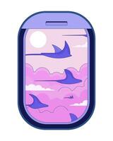 Aircraft window with flying ray fish in sky 2D linear cartoon object. Aeroplane window isolated line vector element white background. Fenster flugzeug above clouds color flat spot illustration