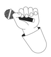 Holding microphone cartoon human hand outline illustration. Singing karaoke 2D isolated black and white vector image. Standup event. Holding mic audio equipment flat monochromatic drawing clip art