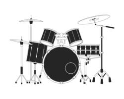 Drum set black and white 2D line cartoon object. Musical percussion instrument isolated vector outline item. Rehearsal session. Beating rhythm. Rock concert monochromatic flat spot illustration