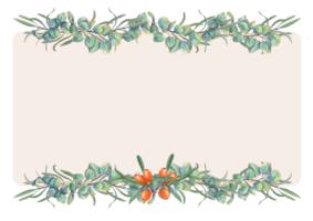 Watercolor frame of sea buckthorn berries, eucalyptus branches. Ornate in green and orange colors. Illustration for postcard design, invitation template, birthday, Christmas, New Year cards png