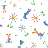 Aquarell nahtlos Muster von Blumen, Katzen gebaut von hölzern Ziegel. süß Illustration zum Kinder drucken, Poster, Hintergrund, Verpackung, Stoff, Textil. png