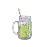 mojito cocktail instructies. metselaar pot met limoen, ijs kubussen, munt en rietje. waterverf illustratie van verfrissend drank. voor menu, cocktail partij png