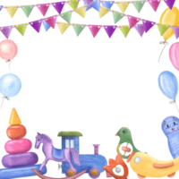 waterverf illustratie met kind houten speelgoed met ballons, vlaggen. kinderkamer, kinderen kamer decor. milieuvriendelijk materialen kind speelgoed. afdrukken, poster, achtergrond, ansichtkaart png