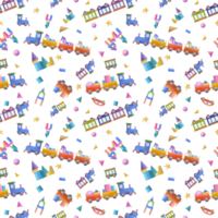vattenfärg sömlös mönster av unge trä- leksaker. illustration med tåg, tegelstenar, torn för barn skriva ut, affisch, dekor, tapet, omslag, tyg, textil. png
