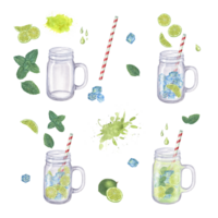 acquerello illustrazione di Mojito cocktail passo di fare un passo. lime fetta, ghiaccio cubi, potabile cannuccia, bicchiere barattolo. preparazione istruzione. per menù, cocktail festa png