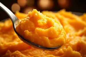 Close-up of a spoonful of mashed carrots highlighting the smoothness and vibrant color of early stage baby food photo