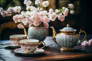 Clásico tono foto de té taza tetera y flores creando un encantador atmósfera