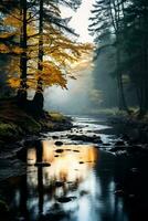 A serene foggy morning in the forest with a winding river and colorful autumn trees background with empty space for text photo