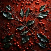 A close-up shot of intricately designed holly leaves with low relief against a festive red background providing empty space for text photo