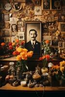 Ancestor photos and symbolic objects artfully arranged on Day of the Dead altar