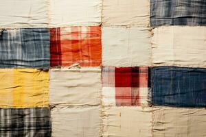 Detailed patchwork fabric pattern from a textile factory isolated on a white background photo