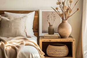 A cozy bedroom with stylish decor a wooden bedside table a pottery jar a book lovely bed photo