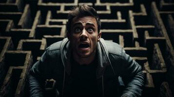 Being lost in a maze shocked screaming face of a man dark background with a place for text photo