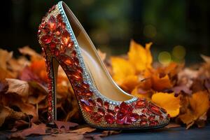 A stylish diamond-studded heel surrounded by autumn leaves showcasing the glamour and elegance of September Fashion Week photo