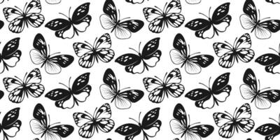 mariposa sin costura modelo. decorativo mosca insecto antecedentes. negro y blanco botánico textura vector