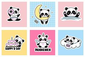 Cute Panda Colorful Cards. Unicorn, Happy Birthday Cake, Sleeping on the Moon and Cloud Animals vector