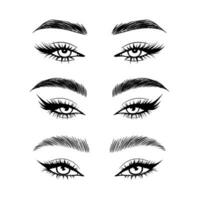 Vector set beautiful female eyes with long black eyelashes and brows close up.