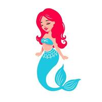 Vector Mermaid with Red Hair and Blue Tail Illustration isolated on White Background. Cartoon Girls Print