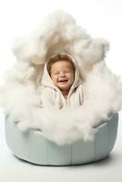 A baby resting on a whimsical cloud bed isolated on a white background photo