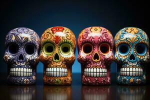 Hand painted ceramic Calacas figurines for Day of the Dead isolated on a gradient background photo