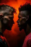 A close-up shot of two opponents fiercely confronting each other with vibrant red and fiery orange gradient background photo