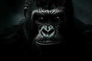 A close-up photo of a fierce and intense gorilla staring into the distance background with empty space for text