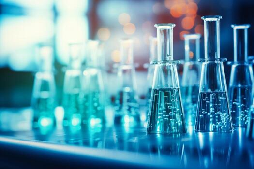 Lab instruments and test tubes macro shot background with empty space for text photo