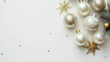 Flat Lay Realistic Christmas Decorations on Minimalist Background. Festive Holiday Arrangement photo