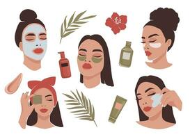 Woman Beauty Vector Set. Skincare Routine. Beautiful Girls with Face Mask, Eye Patches. Cream, Massage Gua