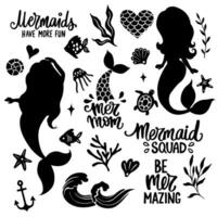 Cute Mermaids Silhouette Black and WhiteIllustrations Vector Collection. Sea Plants, Fishes, Lettering Quotes.