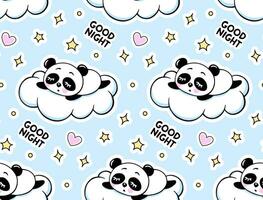 Sleeping Panda on a White Cloud, Stars and Hearts Seamlees Pattern. Cute Baby Print on a Blue Background. Cartoon Animals Texture. vector