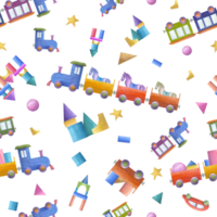 Watercolor seamless pattern of kid wooden toys. Illustration with trains, bricks, towers for children print, poster, decor, wallpaper, wrapping, fabric, textile. png