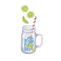 acuarela ilustración de mojito cóctel paso por paso. Lima rebanada, hielo cubitos, Bebiendo paja, vaso frasco. preparación instrucción, paso 2. para menú, cóctel fiesta png