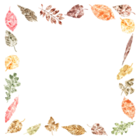 Square frame with autumn colorful leaves. Watercolor illustration of leaf imprints for fall holiday cards, greeting, invitation. Back to school. Thanksgiving day. Teachers Day. Space for text png