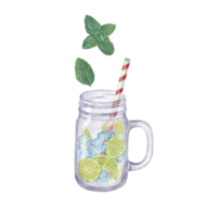 acquerello illustrazione di Mojito cocktail passo di fare un passo. lime fetta, menta, ghiaccio cubi, potabile cannuccia, bicchiere barattolo. preparazione istruzione, passo 3. per menù, cocktail festa png