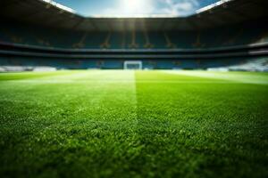 A close-up of a football field with fans in the stands background with empty space for text photo