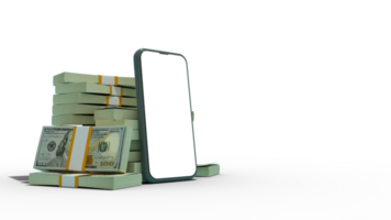 3D rendering of a mobile phone with  blank screen in front of stacks of 100 US dollar notes isolated on transparent background. png