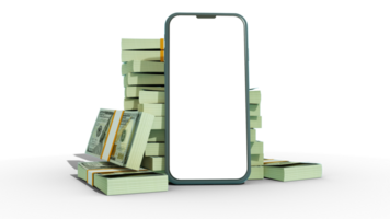 3d renderen van een mobiel telefoon met blanco scherm in voorkant van stapels van 100 ons dollar aantekeningen geïsoleerd Aan transparant achtergrond. png