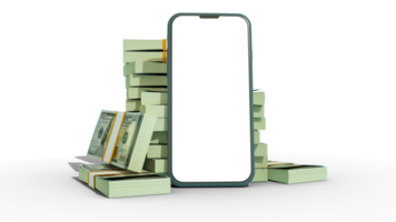 3D rendering of a mobile phone with blank screen in front of stacks of 100 US dollar notes isolated on transparent background. png