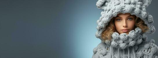 Woman in full knitted cozy costume isolated on pastel background with a place for text photo