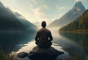 ai generative photo of a man practicing mindfulness and meditation in a peaceful natural environment sony A7s realistic image, ultra hd, high design very detailed