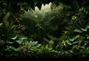 Ai Generative Beautiful jungle background with border made of tropical leaves backdrop with copy space photo