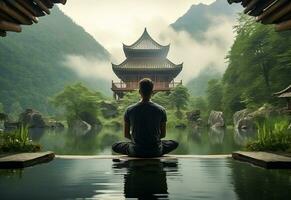 ai generativo foto de un hombre practicando atención plena y meditación en un pacífico natural ambiente sony a7s realista imagen, ultra alta definición, alto diseño muy detallado